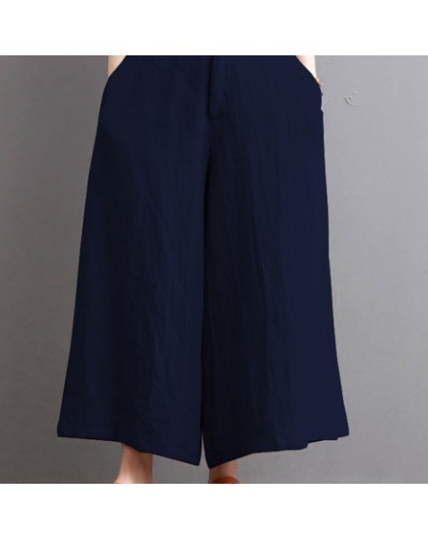 Solid Color Casual Elastic Waist Cotton Wide Leg Pants