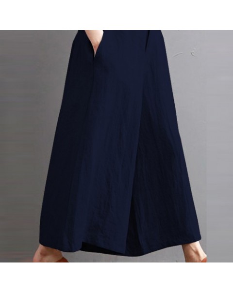 Solid Color Casual Elastic Waist Cotton Wide Leg Pants