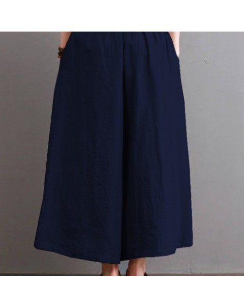 Solid Color Casual Elastic Waist Cotton Wide Leg Pants