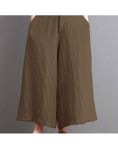 Solid Color Casual Elastic Waist Cotton Wide Leg Pants