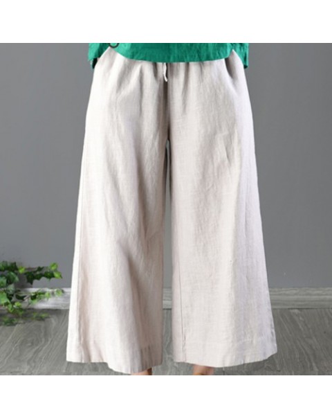 Solid Color Cotton Wide Leg Pants 