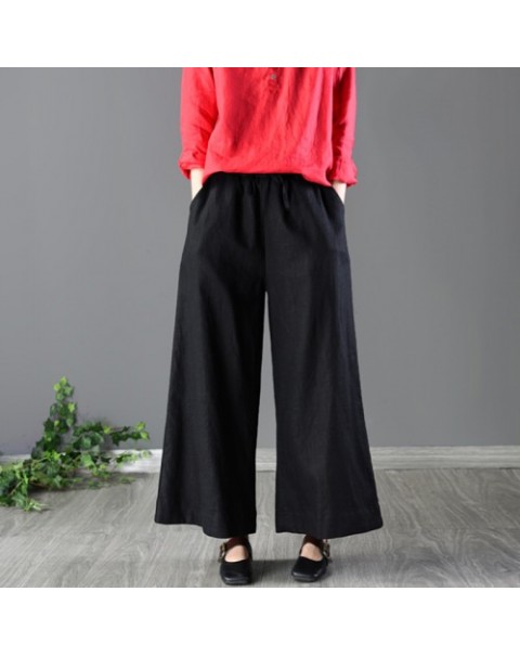 Solid Color Cotton Wide Leg Pants 