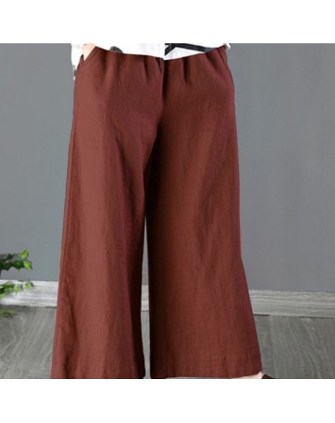 Solid Color Cotton Wide Leg Pants 