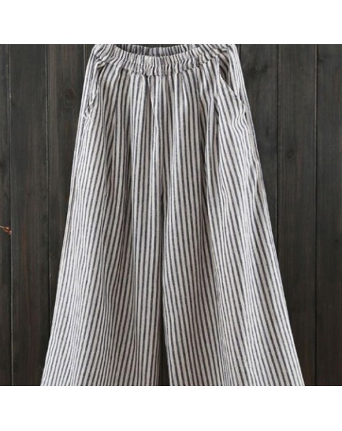 Simple Black/Coffee Stripe Elastic Waist Loose Wide Leg Pants