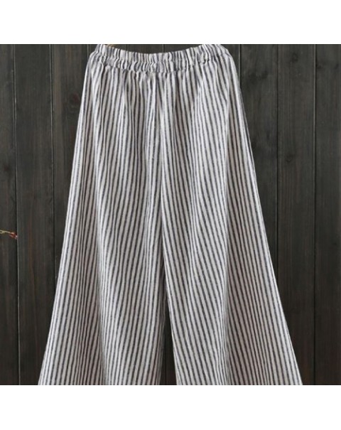 Simple Black/Coffee Stripe Elastic Waist Loose Wide Leg Pants