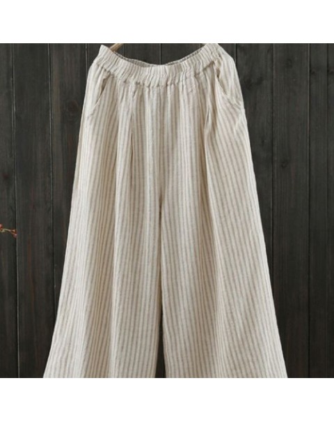 Simple Black/Coffee Stripe Elastic Waist Loose Wide Leg Pants