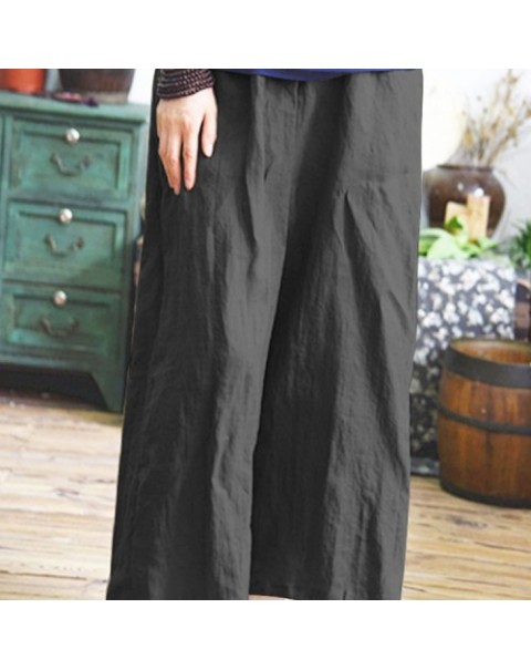 Solid Color Vintage Elastic Waist Loose Wide Leg Pants