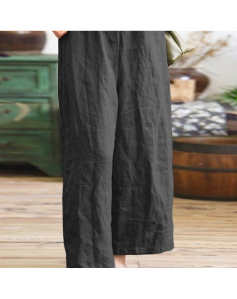 Solid Color Vintage Elastic Waist Loose Wide Leg Pants