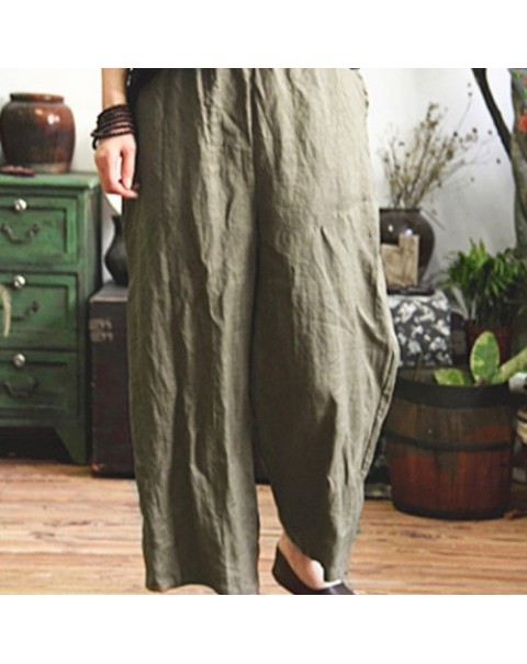 Solid Color Vintage Elastic Waist Loose Wide Leg Pants