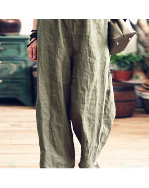 Solid Color Vintage Elastic Waist Loose Wide Leg Pants