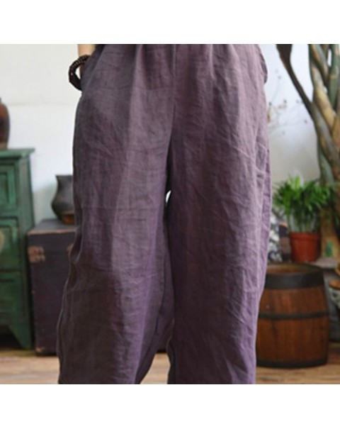 Solid Color Vintage Elastic Waist Loose Wide Leg Pants