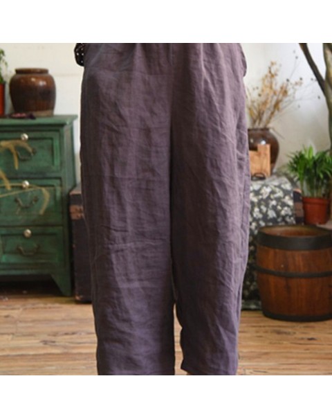 Solid Color Vintage Elastic Waist Loose Wide Leg Pants