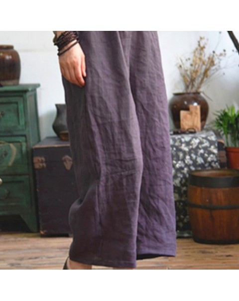 Solid Color Vintage Elastic Waist Loose Wide Leg Pants