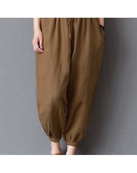 Solid Color Vintage High Elastic Waist Loose Harem Pants