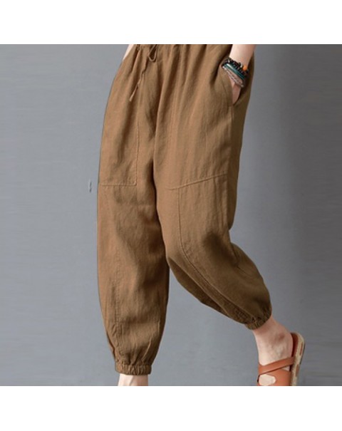 Solid Color Vintage High Elastic Waist Loose Harem Pants