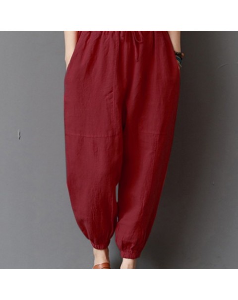 Solid Color Vintage High Elastic Waist Loose Harem Pants