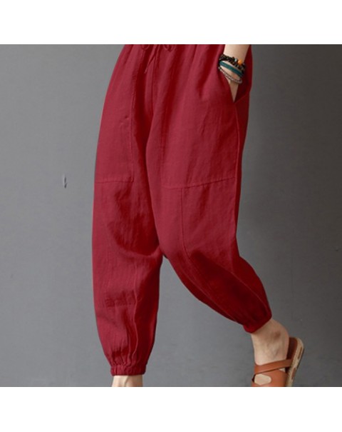 Solid Color Vintage High Elastic Waist Loose Harem Pants