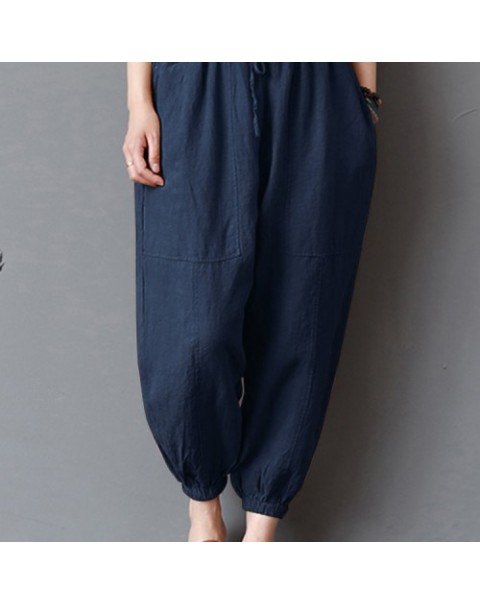 Solid Color Vintage High Elastic Waist Loose Harem Pants