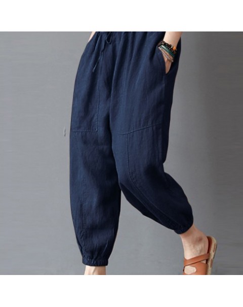 Solid Color Vintage High Elastic Waist Loose Harem Pants