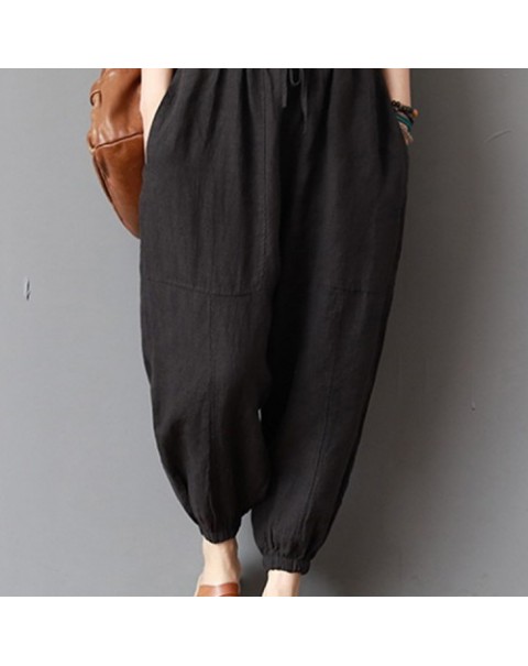 Solid Color Vintage High Elastic Waist Loose Harem Pants