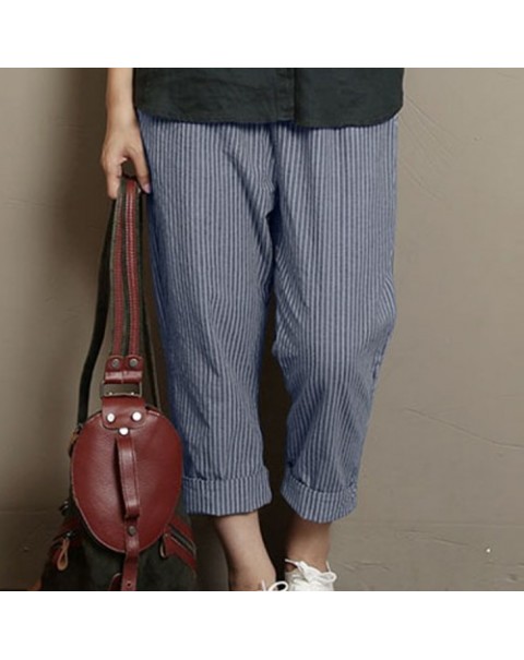 Black/Blue/Khaki Stripe High Elastic Waist Loose Long Harem Pants