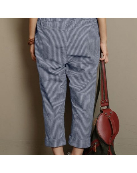 Black/Blue/Khaki Stripe High Elastic Waist Loose Long Harem Pants