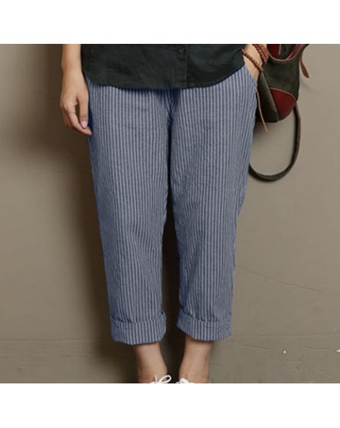 Black/Blue/Khaki Stripe High Elastic Waist Loose Long Harem Pants