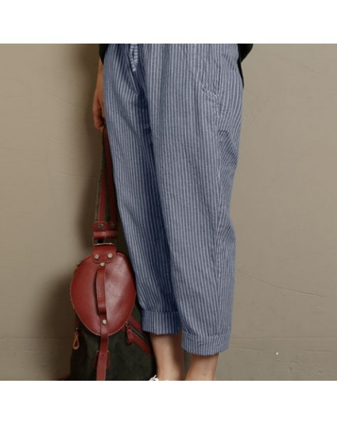 Black/Blue/Khaki Stripe High Elastic Waist Loose Long Harem Pants