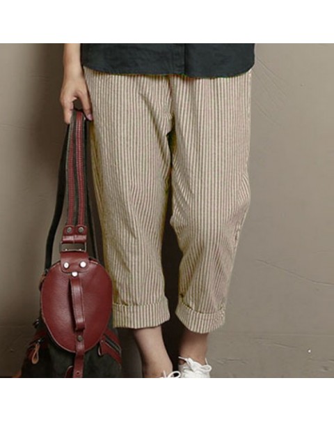 Black/Blue/Khaki Stripe High Elastic Waist Loose Long Harem Pants