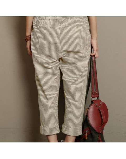 Black/Blue/Khaki Stripe High Elastic Waist Loose Long Harem Pants