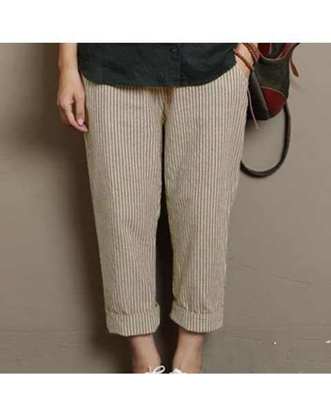 Black/Blue/Khaki Stripe High Elastic Waist Loose Long Harem Pants