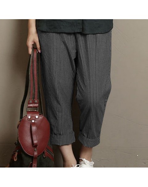 Black/Blue/Khaki Stripe High Elastic Waist Loose Long Harem Pants