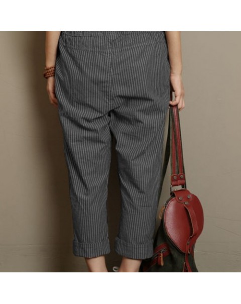 Black/Blue/Khaki Stripe High Elastic Waist Loose Long Harem Pants