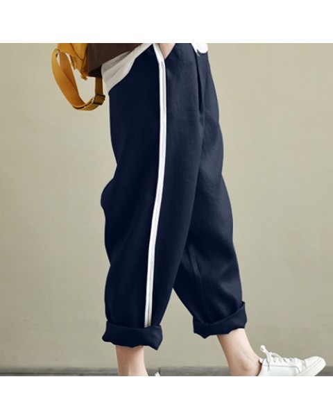 Casual White Striped High Waist Long Harem Loose Pants