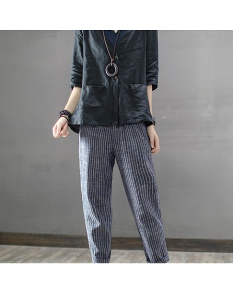 Black/Navy Striped High Waist Long Harem Pants 