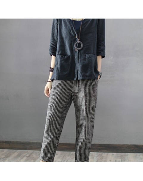 Black/Navy Striped High Waist Long Harem Pants 