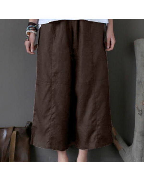 Solid Color Loose Elastic Waist Long Wide Leg Pants