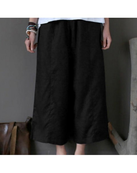 Solid Color Loose Elastic Waist Long Wide Leg Pants