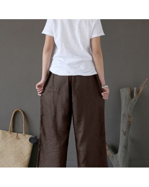 Solid Color Loose Elastic Waist Long Wide Leg Pants