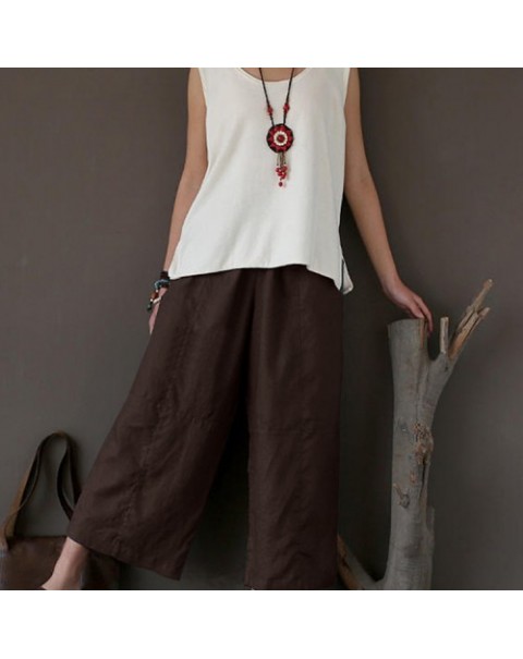 Solid Color Loose Elastic Waist Long Wide Leg Pants