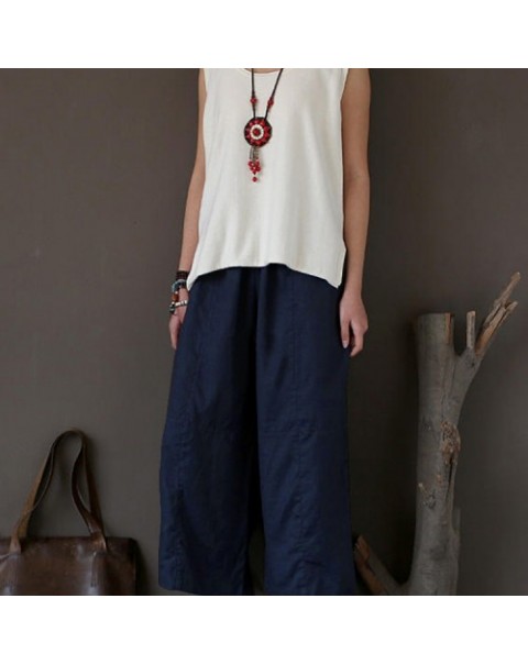 Solid Color Loose Elastic Waist Long Wide Leg Pants