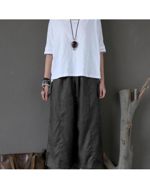 Solid Color Loose Elastic Waist Long Wide Leg Pants