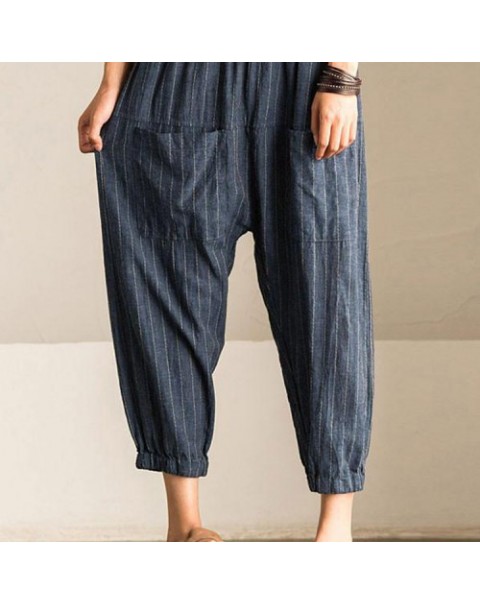 Simple Striped Elastic Waist Casual Loose Harem Pants