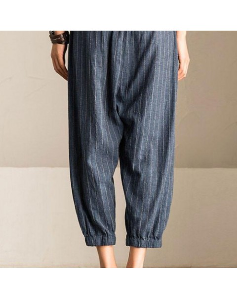 Simple Striped Elastic Waist Casual Loose Harem Pants