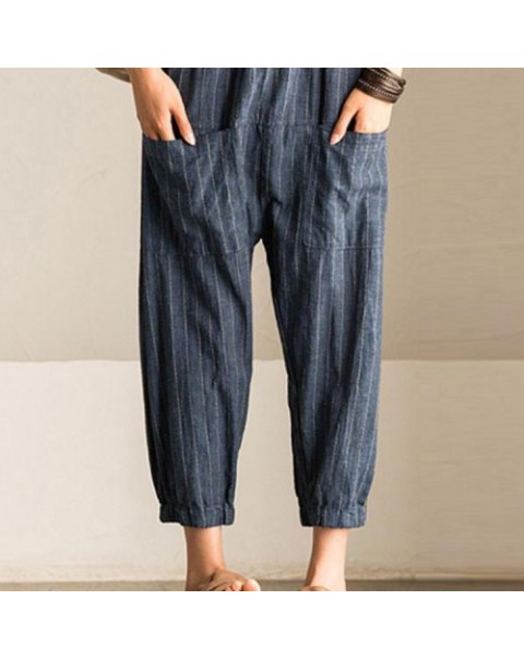 Simple Striped Elastic Waist Casual Loose Harem Pants