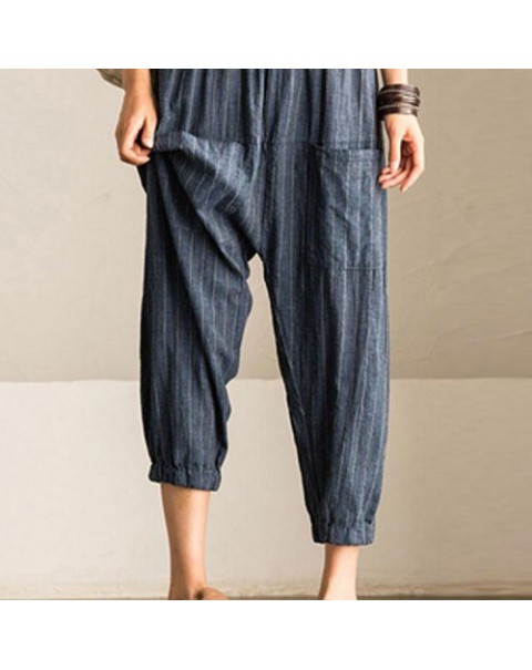 Simple Striped Elastic Waist Casual Loose Harem Pants