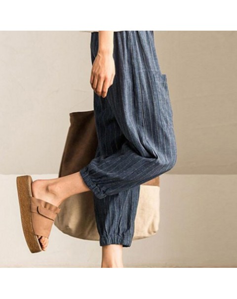 Simple Striped Elastic Waist Casual Loose Harem Pants