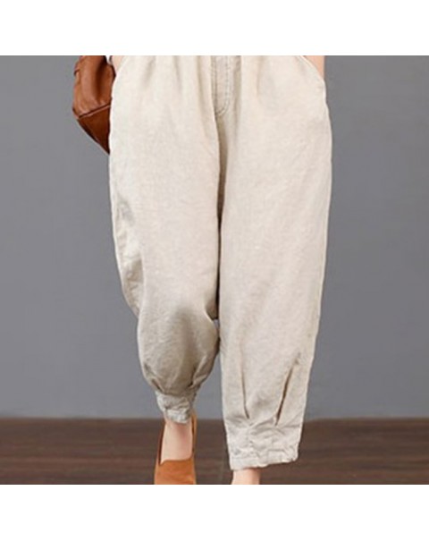 Casual Solid Color Elastic Waist Loose Cotton Pants