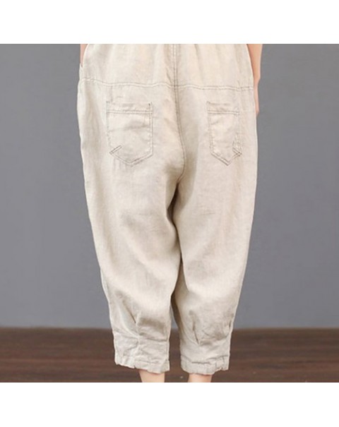 Casual Solid Color Elastic Waist Loose Cotton Pants