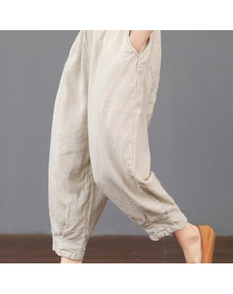 Casual Solid Color Elastic Waist Loose Cotton Pants